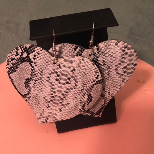 Black and white snake skin /heart shaped leather earrings